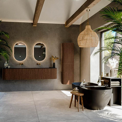 MONDIAZ KURVE Meuble de salle de bains 200 cm avec module 25 Len R couleur Walnut avec 2 tiroirs et 2 portes. Lavabo BIG SMALL double sans trou de robinet Urban.