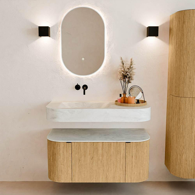 MONDIAZ THOR-DLUX 100cm badmeubel ronding links + rechts kleur Oak met 1 lade en 2 deuren. Vrijhangende wastafel CLOUD Links zonder kraangat kleur Opalo.