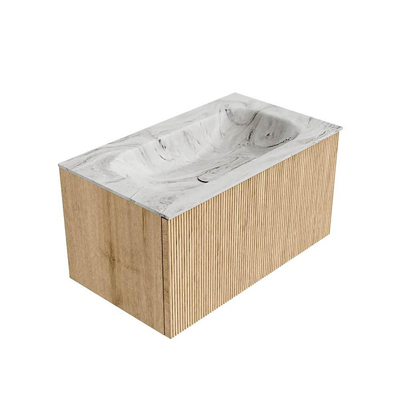 MONDIAZ KURVE-DLUX meuble de salle de bains 80 cm couleur Oak avec 1 tiroir. Lavabo BIG SMALL central 1 trou de robinet couleur Glace.