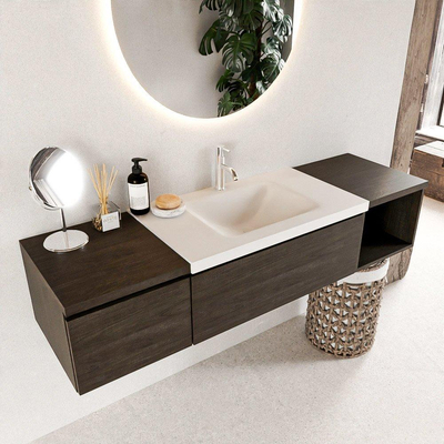 MONDIAZ BUKLA 160cm badmeubel met open module 40 rechts kleur Dark Brown met 2 lades. Wastafel CLOUD midden 1 kraangat kleur Talc.