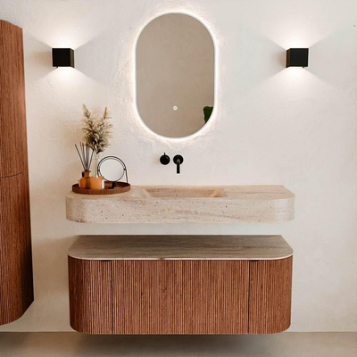MONDIAZ THOR-DLUX 120cm meuble de salle de bains arrondi gauche + droite couleur Ruby avec 1 tiroir et 2 portes. Vasque suspendue CLOUD Milieu sans trou de robinet couleur Saba.