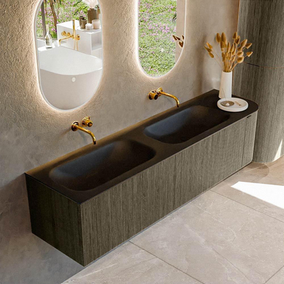 Mondiaz KURVE Ensemble de meuble salle de bain - 175x46x40cm - 2 tiroirs - 1 porte - lavabo en solid surface - double / gauche - sans trou de robinet - Shadow
