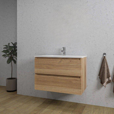 Saniclass Chaci Ensemble meuble de salle de bains - 80x46x55cm - lavabo en céramique blanc - 1 vasque - 1 trou de robinet - 2 tiroirs - chêne