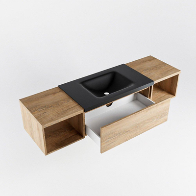 MONDIAZ BUKLA 160cm ensemble de meuble avec module ouvert 40 L+R couleur Chêne blanchi avec 1 tiroir. Lavabo CLOUD centre 1 trou de robinet couleur Urbaine.