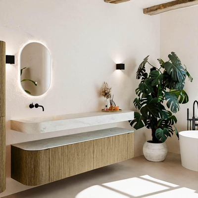 MONDIAZ THOR-DLUX 190cm meuble de salle de bains arrondi gauche + droite couleur Dusk avec 2 tiroirs et 2 portes. Vasque suspendue CLOUD Gauche sans trou de robinet couleur Opalo.