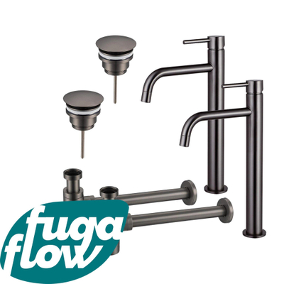 FortiFura Calvi Kit robinet lavabo - pour double vasque - robinet rehaussé - bonde non-obturable - siphon design - Gunmetal PVD