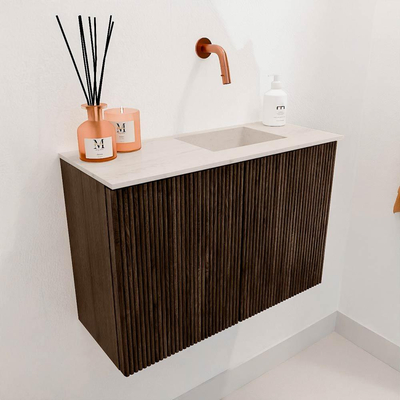 Mondiaz JOYA-DLUX 60cm toiletmeubel - kleur Walnut - Wastafel FAYE positie Rechts Zonder kraangat kleur Meli.