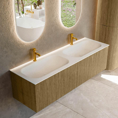 Mondiaz KURVE Badkamermeubelset - 150x46x40cm - 2 lade - wastafel solid surface - dubbel - 2 kraangaten - Dusk