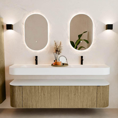 MONDIAZ THOR 180cm meuble de salle de bains arrondi gauche + droite couleur Dusk avec 2 tiroirs et 2 portes. Vasque suspendue CLOUD Double 2 trous de robinet couleur Talc.