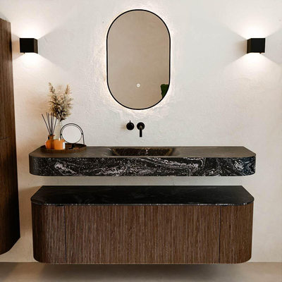 MONDIAZ THOR-DLUX 150cm badmeubel ronding links + rechts kleur Walnut met 1 lade en 2 deuren. Vrijhangende wastafel CLOUD Midden zonder kraangat kleur Lava.