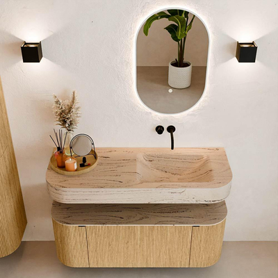 MONDIAZ THOR-DLUX 120cm badmeubel ronding links + rechts kleur Oak met 1 lade en 2 deuren. Vrijhangende wastafel CLOUD Rechts zonder kraangat kleur Arena.