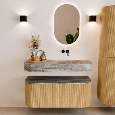 MONDIAZ THOR-DLUX 110cm badmeubel ronding links + rechts kleur Oak met 1 lade en 2 deuren. Vrijhangende wastafel CLOUD Rechts zonder kraangat kleur Oza.