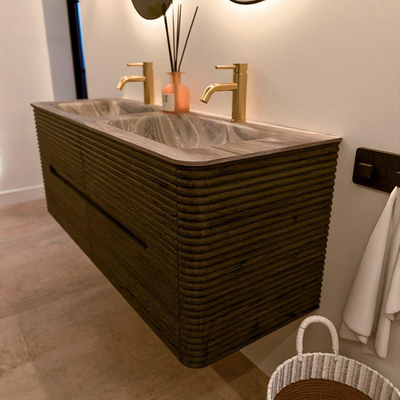 Mondiaz CIRO-DLUX Badkamermeubelset - 130x45x50cm - Solid surface wastafel Sombra - 2 wasbak Dubbel - 2 kraangaten - 4 lades - Shadow