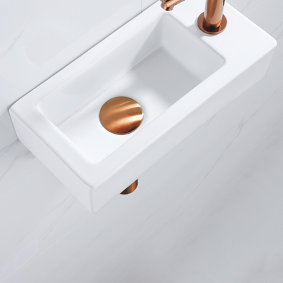 QeramiQ Lave-mains Kit lave-mains - 37.5x18.5x9cm - céramique - trou de robinet à droite - robinet lave-mains en cuivre brossé - bonde de vidage - siphon abaissé - Mat blanc