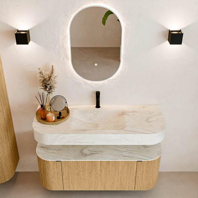 MONDIAZ THOR-DLUX 120cm badmeubel ronding links + rechts kleur Oak met 1 lade en 2 deuren. Vrijhangende wastafel CLOUD Midden 1 kraangat kleur Ostra.