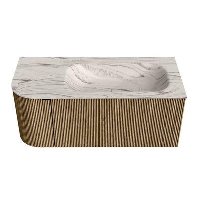 MONDIAZ KURVE-DLUX 105cm badmeubel ronding Links kleur Dusk met 1 lade en 1 deur. Wastafel BIG SMALL Rechts zonder kraangat Nata.