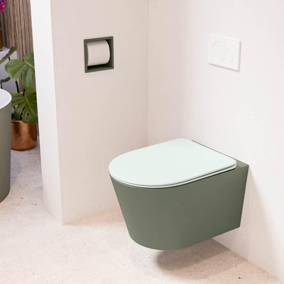 Mondiaz LAVIE hangtoilet – spoelrandloos – 36 x 53 cm – met softclose zitting – Army (groen), zitting Greey (lichtgroen/grijs)