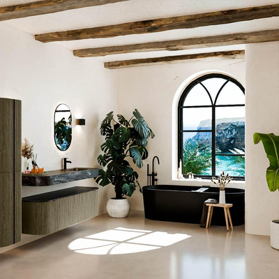 MONDIAZ THOR-DLUX 150cm badmeubel ronding links + rechts kleur Shadow met 1 lade en 2 deuren. Vrijhangende wastafel CLOUD Rechts 1 kraangat kleur Lava.