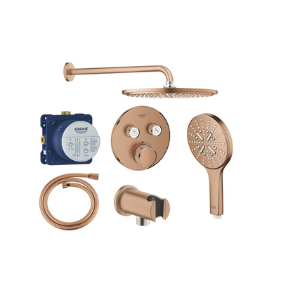 Grohe Grohtherm regendoucheset inbouw - hoofddouche rond - handdouche rond - gebogen wandarm - brushed warm sunset (koper)