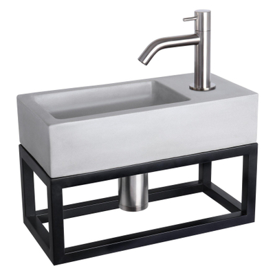 Differnz Ravo kit lave-mains - 38.5x18.5x25cm - Rectangulaire - 1 trou de robinet - Robinet chromé mat courbé - avec cadre noir - béton gris clair