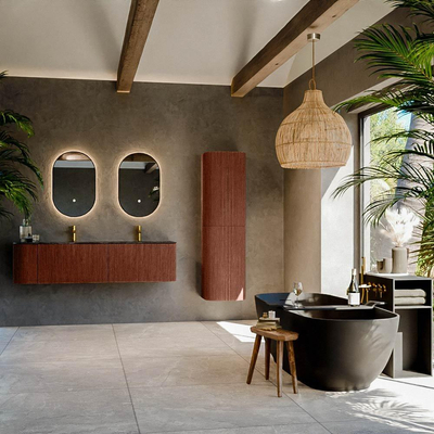 Mondiaz KURVE-DLUX Ensemble de meuble salle de bain - 165x46x40cm - 2 tiroirs - 1 porte - lavabo en solid surface - double / droite - 2 trous de robinet - Ruby