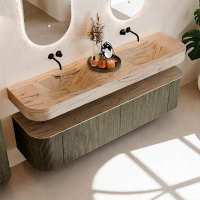 MONDIAZ THOR-DLUX 180cm meuble de salle de bains arrondi gauche + droite couleur Shadow avec 2 tiroirs et 2 portes. Vasque suspendue CLOUD Double sans trou de robinet couleur Arena.