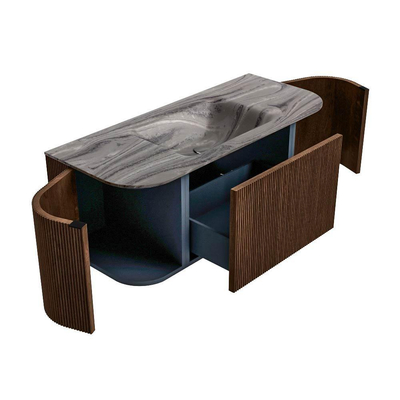 MONDIAZ KURVE-DLUX Meuble de salle de bains 110cm arrondi gauche + droite couleur Walnut avec 1 tiroir et 2 portes. Lavabo CLOUD central 1 trou de robinet Sombra.