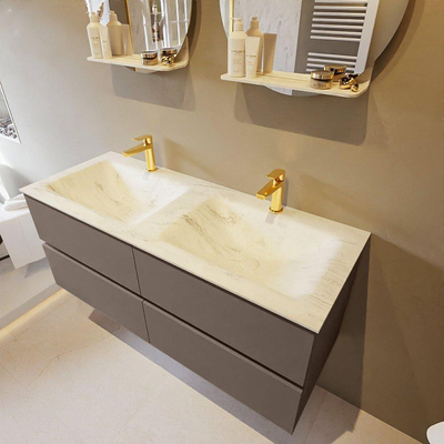 Mondiaz VICA-DLUX ensemble de meuble de salle de bain - 120cm - meuble sous-vasque fumée - 4 tiroirs - lavabo encastré nuage double - 2 trous de robinet - version haute 60cm - opalo