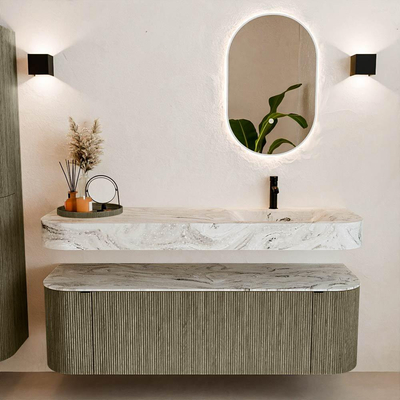 MONDIAZ THOR-DLUX 150cm meuble de salle de bains arrondi gauche + droite couleur Shadow avec 1 tiroir et 2 portes. Vasque suspendue CLOUD Droite 1 trou de robinet couleur Glace.