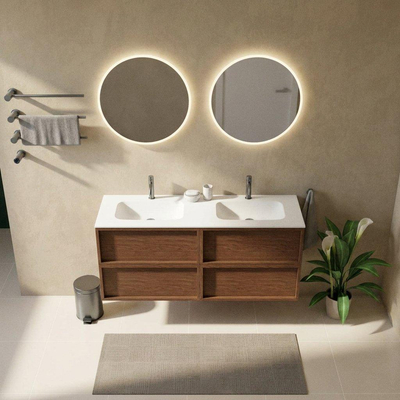 Saniclass Holz Frame Ensemble de meubles de salle de bains - 140x45x61.5cm - lavabo Flow en solid surface blanc - 2 vasques - 2 trous de robinet - 4 tiroirs - walnut pure mat (bois)
