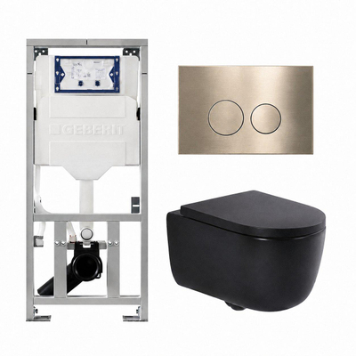 QeramiQ Dely Swirl Ensemble WC- 36.3x51.7cm - Réservoir encastré Geberit UP320 - Abattant de 35mm d'épaisseur - Plaque de commande en laiton brossé - Boutons ronds - Noir mat