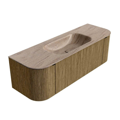 MONDIAZ KURVE-DLUX Meuble de salle de bains 140cm arrondi gauche + droite couleur Dusk avec 1 tiroir et 2 portes. Lavabo BIG SMALL central sans trou de robinet Saba.