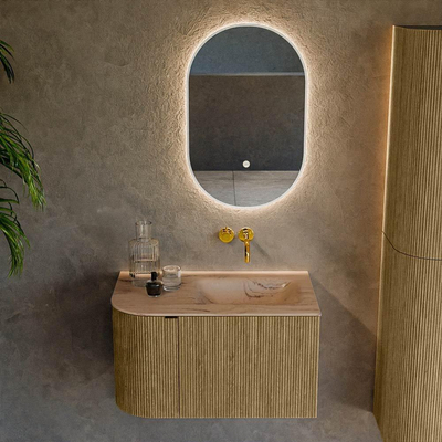 MONDIAZ KURVE-DLUX Meuble de salle de bains 75cm arrondi à gauche couleur Dusk avec 1 tiroir et 1 porte. Lavabo GRUNNE à droite sans trou de robinet Arena.