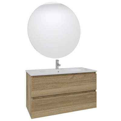 Adema Chaci Meuble salle de bain - 100x46x57cm - 1 vasque ovale en céramique blanche - 1 trou de robinet - 2 tiroirs - miroir rond avec éclairage - chêne