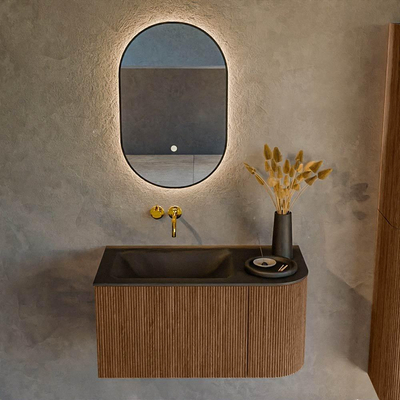 MONDIAZ KURVE 85cm Meuble salle de bain avec module 25 D - couleur Walnut - 1 tiroir - 1 porte - vasque CLOUD gauche - sans trous de robinet - Urban