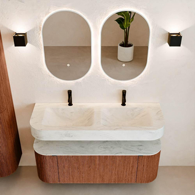 MONDIAZ THOR-DLUX 130cm meuble de salle de bains arrondi gauche + droite couleur Ruby avec 1 tiroir et 2 portes. Vasque suspendue CLOUD Double 2 trous de robinet couleur Opalo.