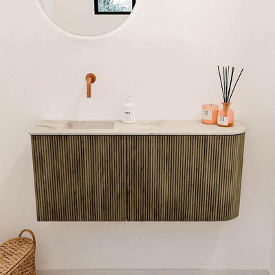 Mondiaz JOYA-DLUX 91.6cm toiletmeubel - ronding rechts kleur Dusk - Wastafel FAYE positie Links Zonder kraangat kleur Frappe.