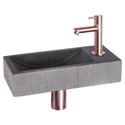 Differnz Ribble fonteinset – 38x18x8 cm – natuursteen zwart – rechte geborsteld koperen kraan