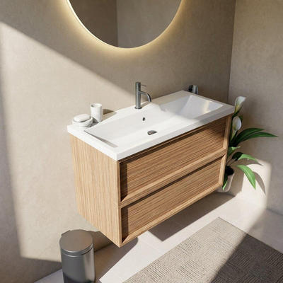 Saniclass Holz Frame Ensemble meuble de salle de bains - 100x45x63.5cm - Bari lavabo en céramique blanc - 1 vasque - 1 trou de robinet - 2 tiroirs - chêne natural mat (bois)