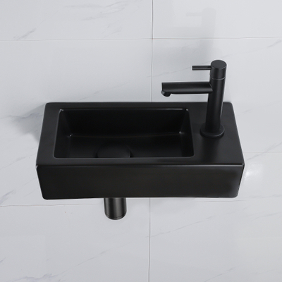 QeramiQ Fuente pack lave-mains – 37,5 x 18,5 x 9 cm – céramique noir mat – perçage à droite – robinet noir mat