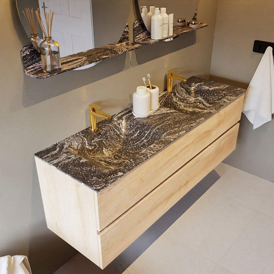 Mondiaz VICA-DLUX ensemble de meuble de salle de bain - 150cm - meuble sous-vasque chêne blanchi - 2 tiroirs - lavabo encastré cloud double - 2 trous de robinet - miroir modèle spot - version XL 60cm de haut - lave