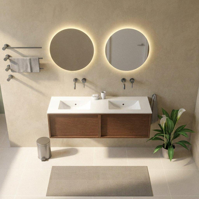 Saniclass Holz Frame Ensemble meuble de salle de bains - 140x45x42cm - lavabo Vygo en céramique blanc - 2 vasques - sans trous de robinet - 2 tiroirs - brillant walnut pure (bois)