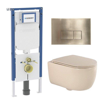 QeramiQ Dely Swirl Toiletset - 36.3x51.7cm - Geberit UP720 Duofix Sigma inbouwreservoir - slim zitting - geborsteld messing bedieningsplaat - rechthoekige knoppen - beige