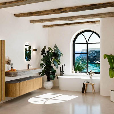 MONDIAZ THOR-DLUX 180cm meuble de salle de bains arrondi gauche + droite couleur Oak avec 2 tiroirs et 2 portes. Vasque suspendue CLOUD Droite 1 trou de robinet couleur Oza.