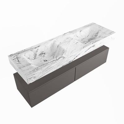 Mondiaz ALAN-DLUX Ensemble de meuble - 150cm - meuble Dark grey mat - 2 tiroirs - Lavabo Cloud Glace suspendu - vasque Gauche et droite - 2 trous de robinet