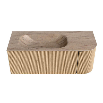 MONDIAZ KURVE-DLUX 115cm badmeubel ronding Rechts kleur Oak met 1 lade en 1 deur. Wastafel BIG SMALL Links 1 kraangat Saba.