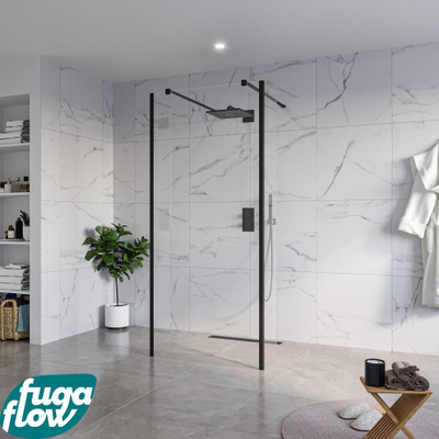 FugaFlow Eccelente Vetro Douche à l'italienne - 90x200cm - verre clair - anticalcaire - verre de sécurité 8mm - 2 parois latérales 30cm - avec bras muraux et profilés d'angle - Noir mat