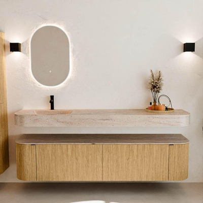 MONDIAZ THOR-DLUX Meuble de salle de bains 190cm arrondi gauche + droite couleur Chêne avec 2 tiroirs et 2 portes. Vasque suspendue CLOUD Gauche 1 trou de robinet couleur Saba.