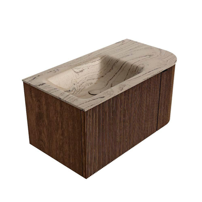 MONDIAZ KURVE-DLUX meuble de salle de bains 85cm arrondi Droit couleur Walnut avec 1 tiroir et 1 porte. Lavabo CLOUD Gauche 1 trou de robinet Arena.