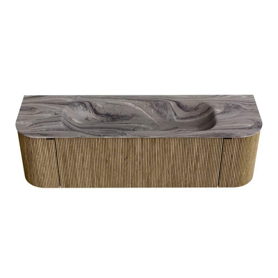 MONDIAZ KURVE-DLUX Meuble de salle de bains 150cm arrondi gauche + droite couleur Dusk avec 1 tiroir et 2 portes. Plan-vasque BIG MEDIUM Milieu sans trou de robinet Sombra.